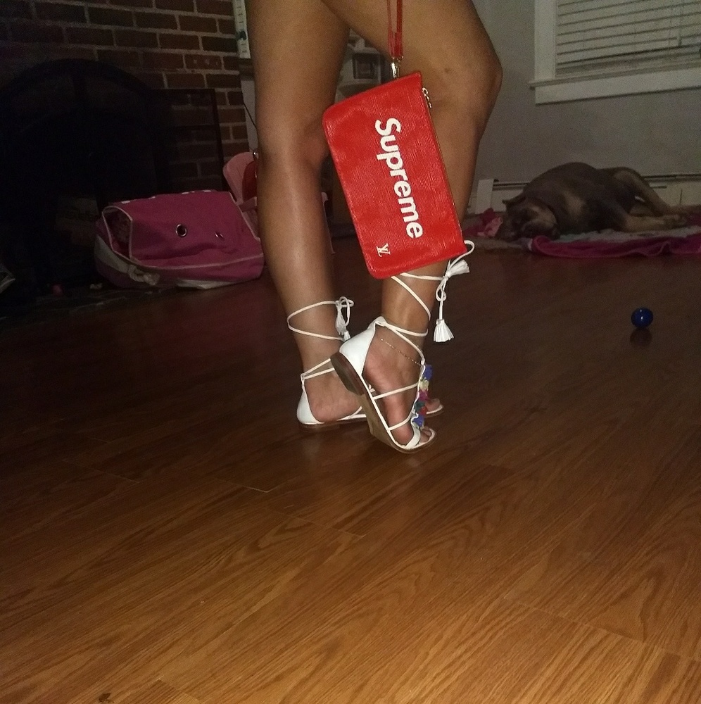 Halogen white strappy sandals , red inspired bag
